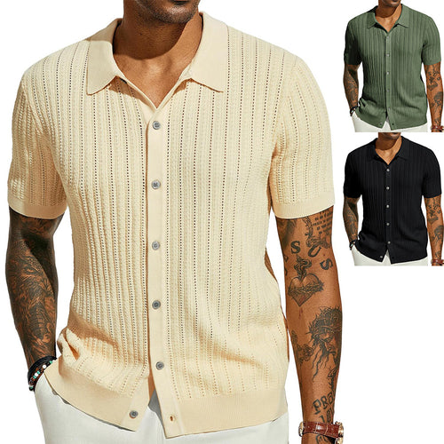 Short sleeve knit shirt for men with a fine lace structure and a classic collar Lune London