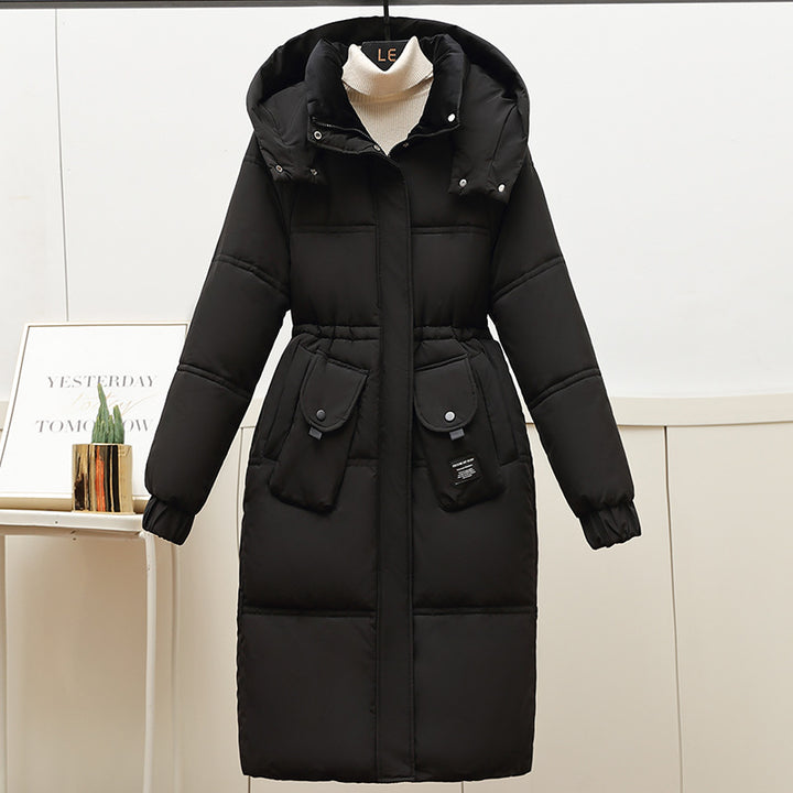 Ladies Long Down Jacket with Removable Hood and Large Pockets Lune London