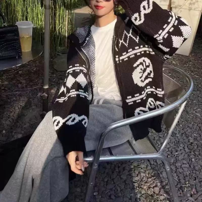 Graphical pattern knit jacket with hood for women Lune London