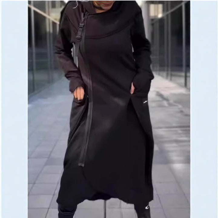 Modern women's hooded coat with side pockets and asymmetrical hem Lune London