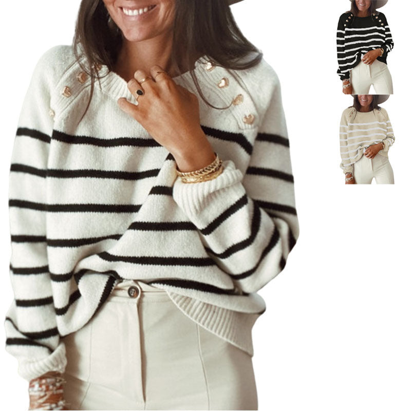 Pull en tricot pour femmes avec un élégant motif à rayures et des boutons dorés Lune London