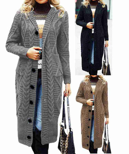 Knitted coat for women with an elegant cable pattern and practical pockets Lune London