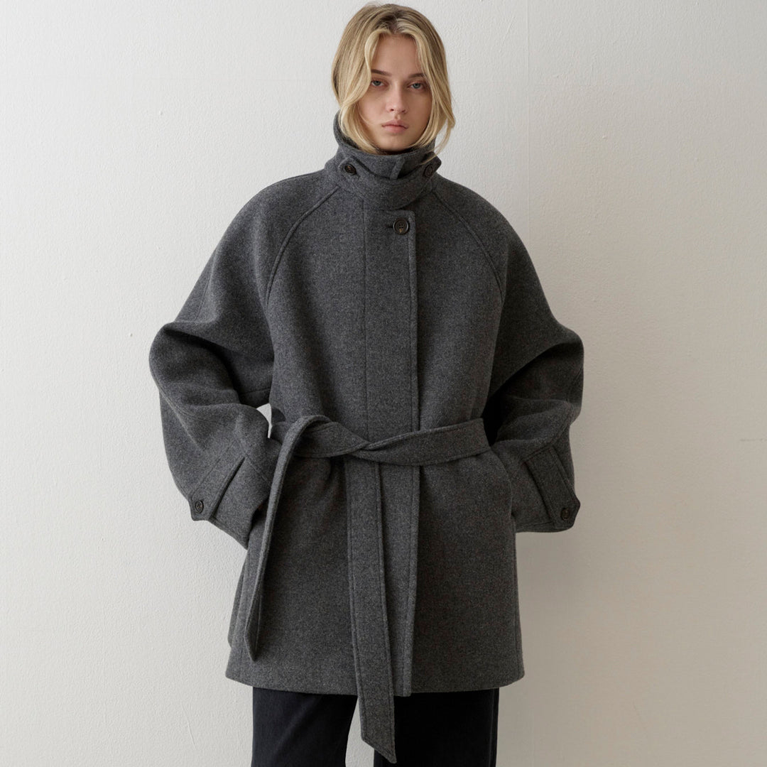 Manteau en laine à la mode pour femme avec col montant et ceinture à la taille Chic & Stil