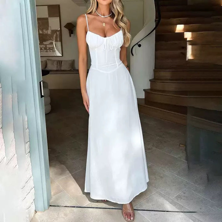 Ladies Flowing Maxi Dress with Narrow Spaghetti Straps and Adjustable Neckline
