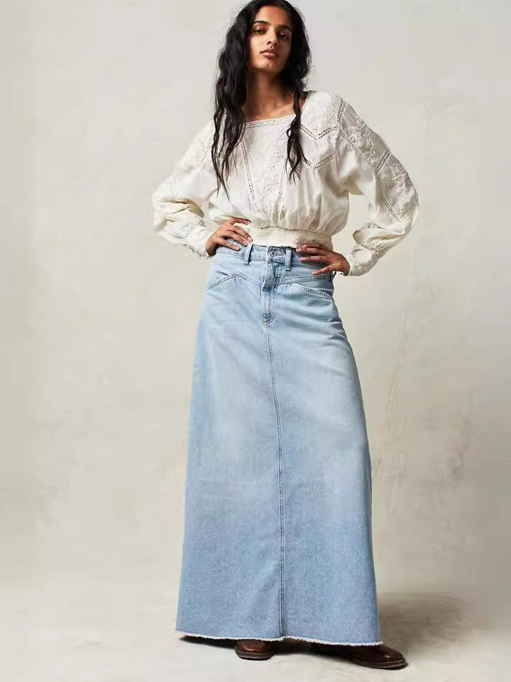 Women's Denim Maxi Skirt with High Waist and Practical Pockets Lune London