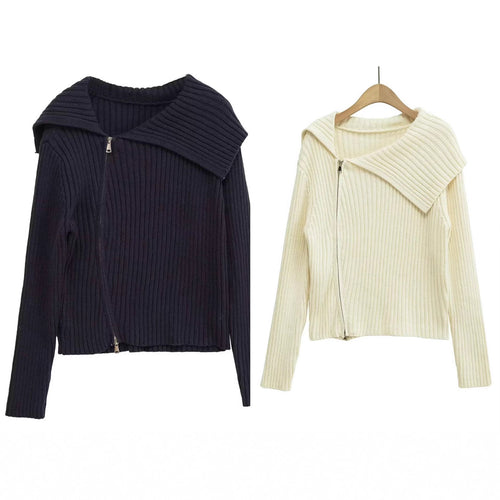 Ribbed knit jacket for women with large collar and asymmetric zipper Lune London