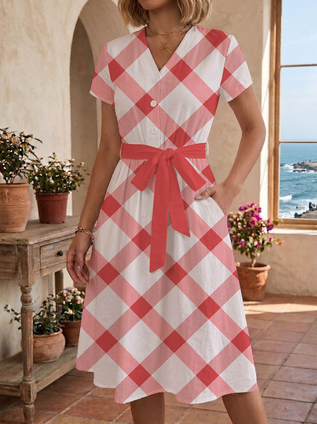 Women's casual maxi dress with adjustable knot and decorative check pattern Lune London