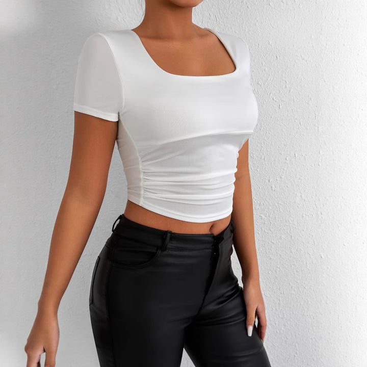 Women's Refined Short Sleeve Top with Square Neckline and Ruched Hem Lune London