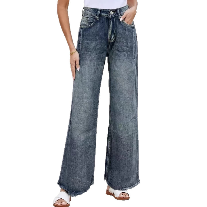 Women wide denim jeans with creative pattern and frayed hem Lune London