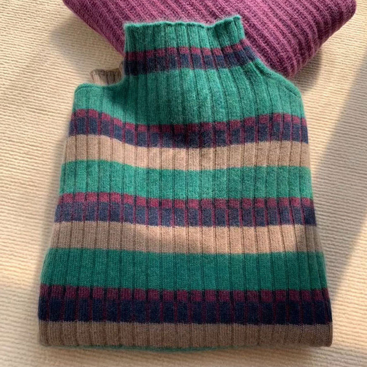 Ribbed knit sweater for women with high collar and trendy striped pattern Lune London
