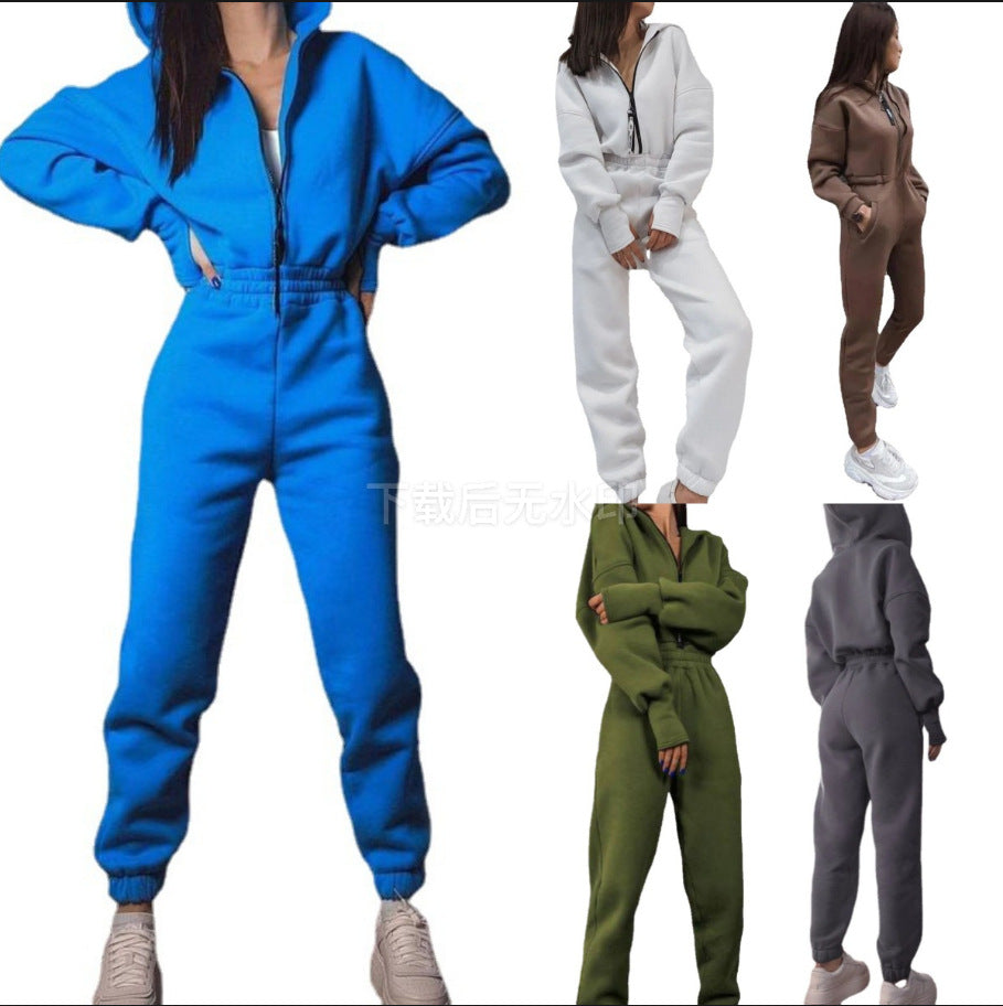 Women’s comfortable hooded jumpsuit with elastic waist and full zip Lune London
