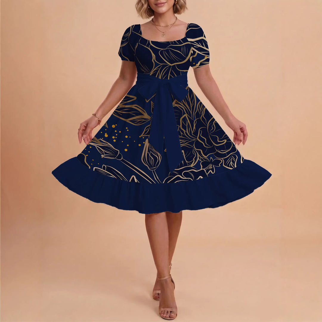 Women A-line dress with floral motifs and adjustable belt Lune London