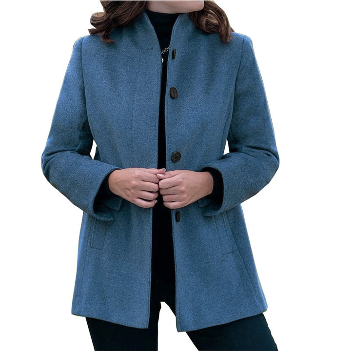 Women's stylish wool coat with modern high collar and practical pockets Lune London