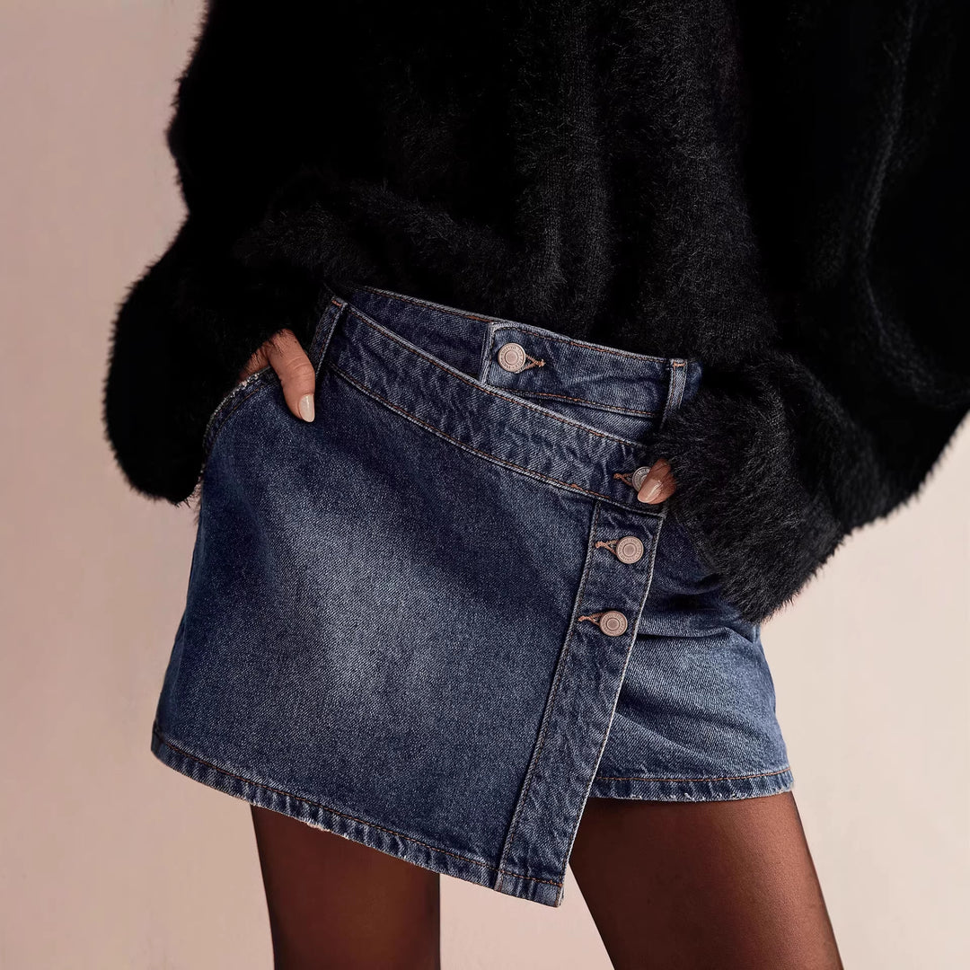 Women's fashionable A-line denim skirt with asymmetric button design and practical pockets Lune London