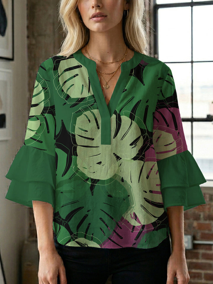 Women's blouse with voluminous wing sleeves and intense leaf pattern Lune London