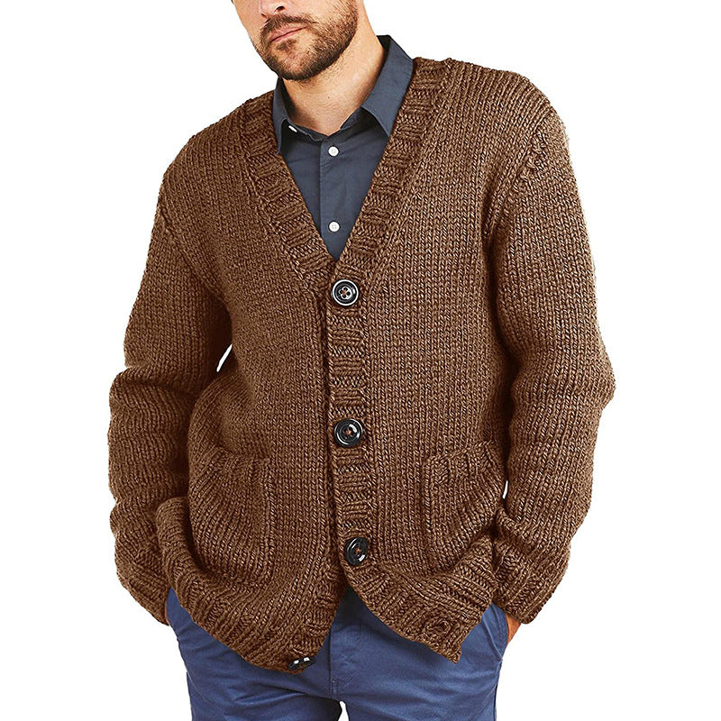 Men's chunky knit jacket with classic V-neck and practical pockets Lune London