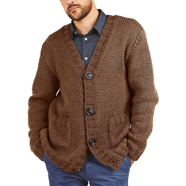 Men's chunky knit jacket with classic V-neck and practical pockets Lune London