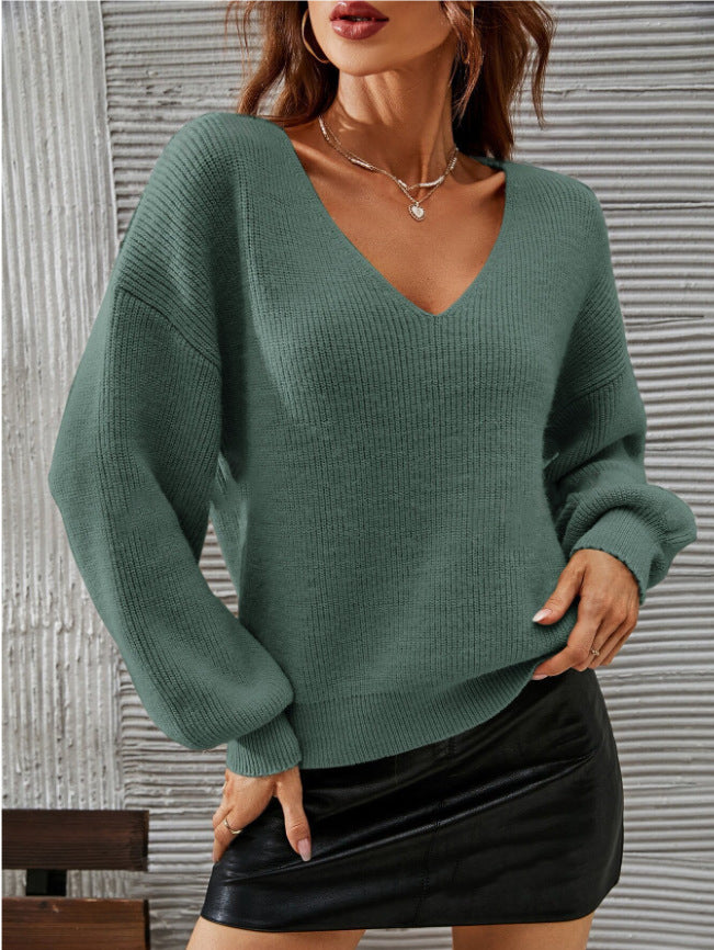 Pull femme à col en V avec une coupe décontractée et des manches ballon à la mode Chic & Stil