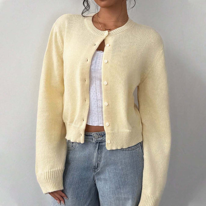 Lightweight knit jacket for ladies with button details and round neckline Lune London