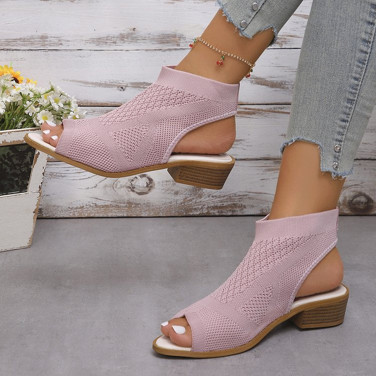 Ladies Open Mules with Knitted Design and Retro Block Heel Lune London