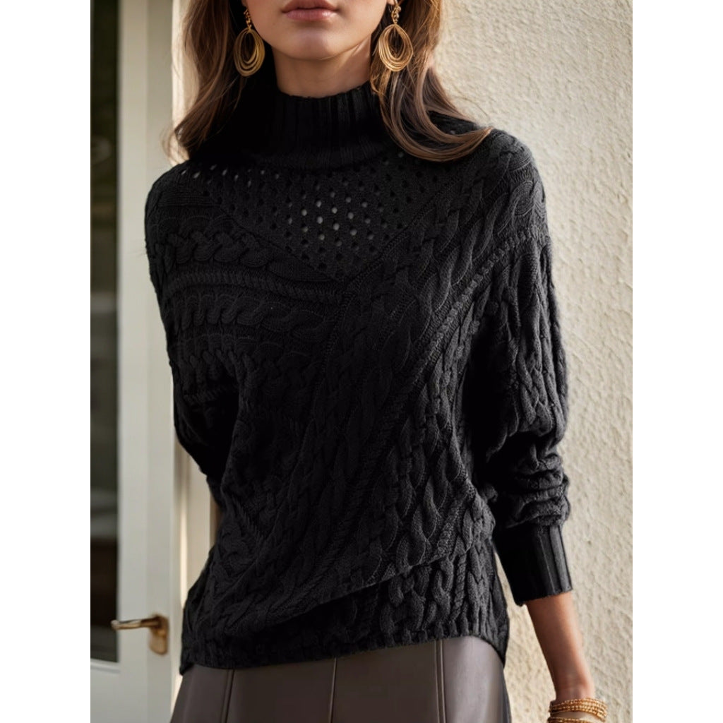 Knitted sweater for women with high collar and detailed cable pattern Lune London