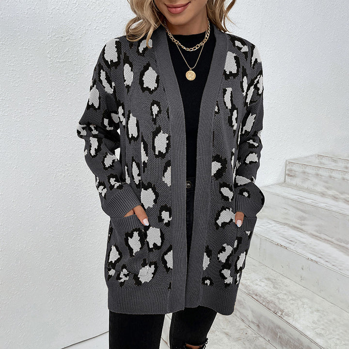 Leopard print knit jacket for women with practical pockets Lune London