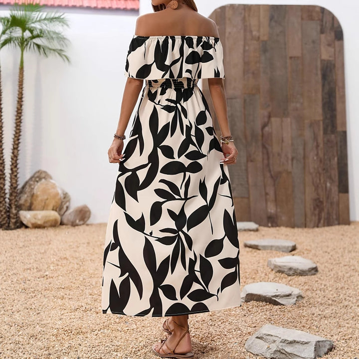Long off-shoulder maxi dress for ladies with floral patterns and elastic belt Lune London