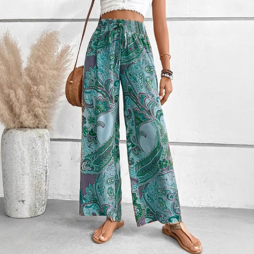 Wide Palazzo pants for women with paisley floral pattern and elastic waist Lune London