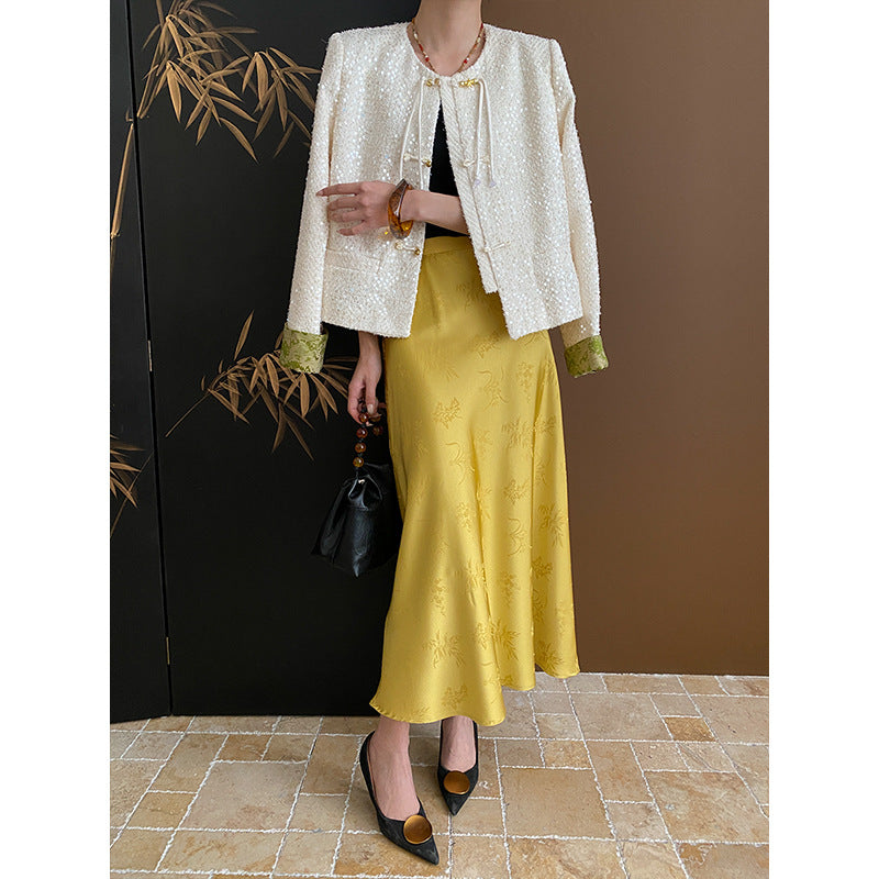 Women's Elegant Boucle Jacket with Sequins and Contrasting Sleeves Chic & Stil