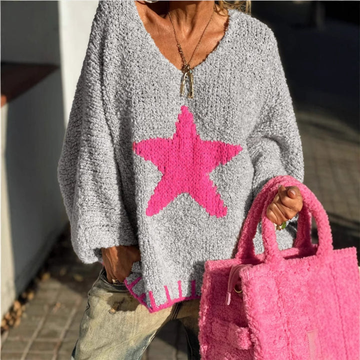 Women's knitted sweater with V-neck and striking star pattern Lune London