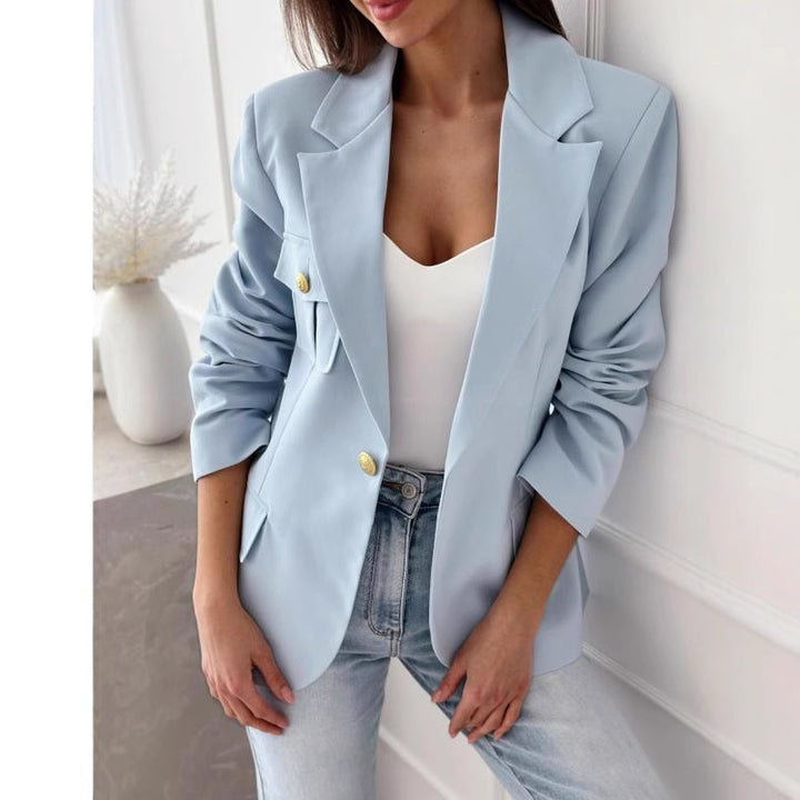 Ladies Fashion Blazer with Embroidered Pockets and Elegant Button Placket Lune London