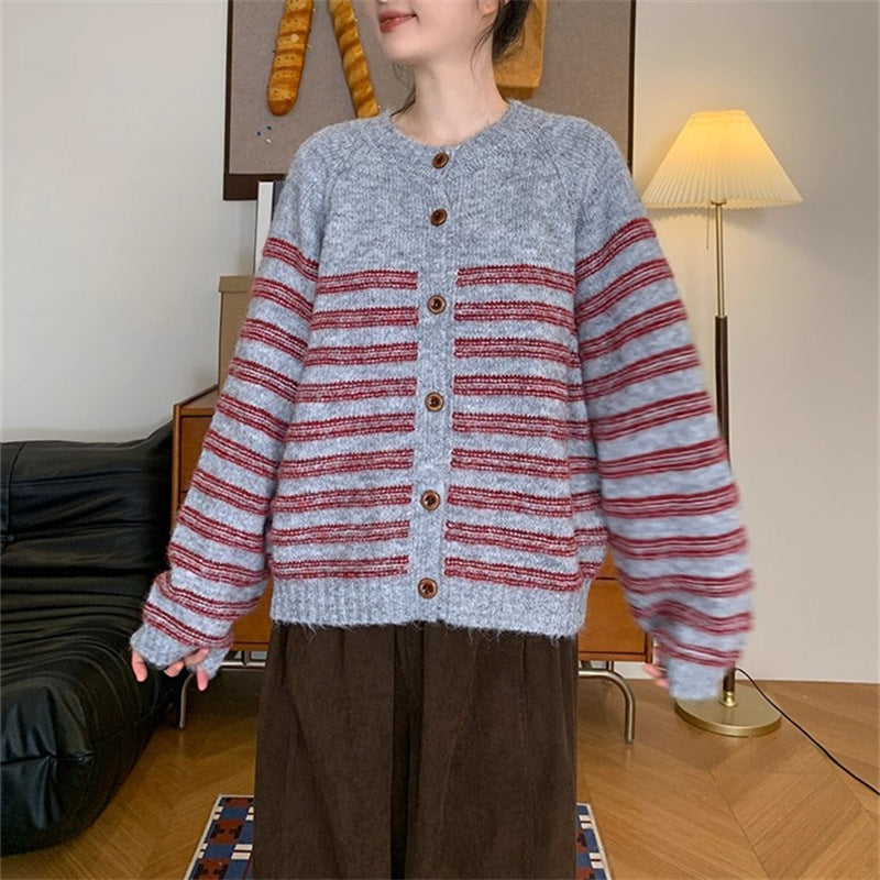 Ladies Chunky Knit Jacket with Modern Stripes and Chic Button Details and Style