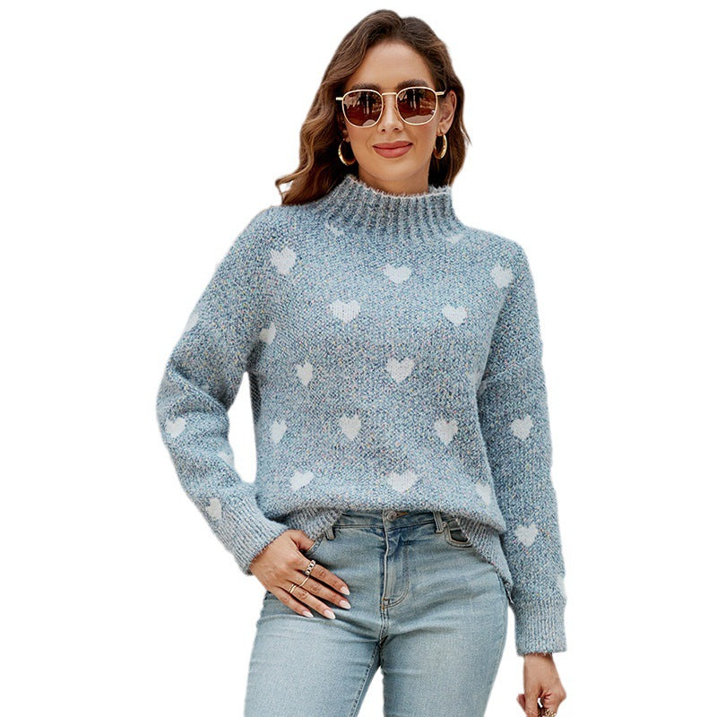 Trendy knitted sweater for women with heart pattern and high collar Lune London