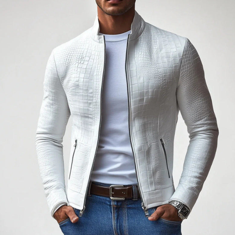 Trendy faux leather jacket for men with textured surface pattern Lune London