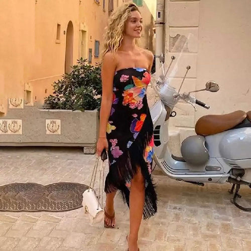 Maxi sleeveless floral dress for women with fringe detail Lune London