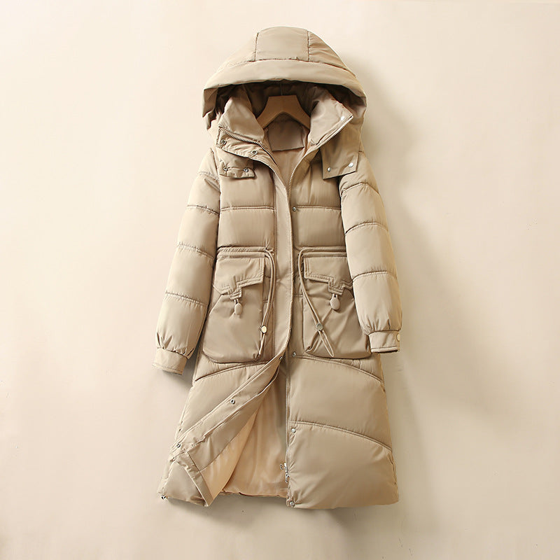 Ladies Long, warm down jacket with practical pockets and hood Lune London