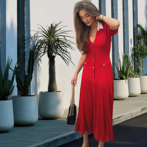 Midi dress for women with button placket and contrasting collar Lune London