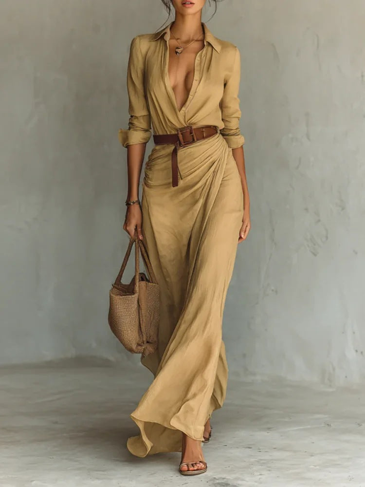 Robe maxi pour femme avec col de chemise classique et ceinture latérale Chic & Stil