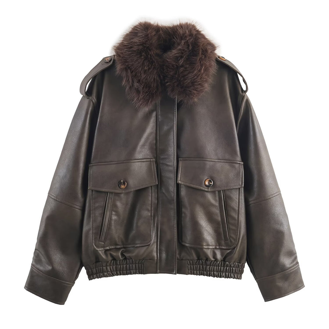 Women's faux leather jacket with removable faux fur collar and practical pockets Lune London