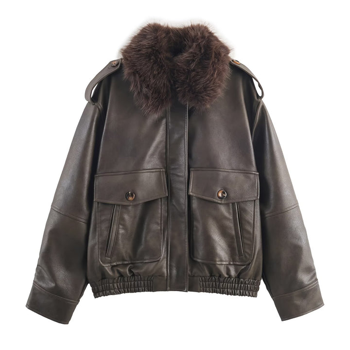 Women's faux leather jacket with removable faux fur collar and practical pockets Lune London