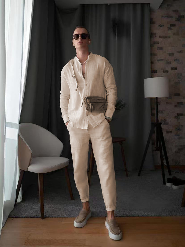 Elegant long-sleeve shirt for men with textured fabric and button placket Lune London