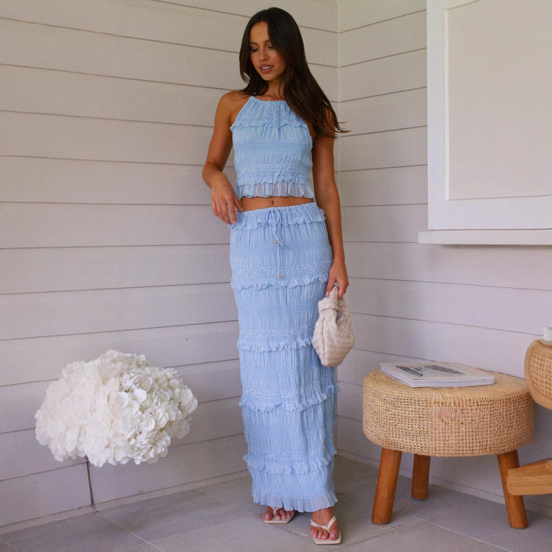 Women Two-Piece Set with Gathered Top and Maxi Skirt