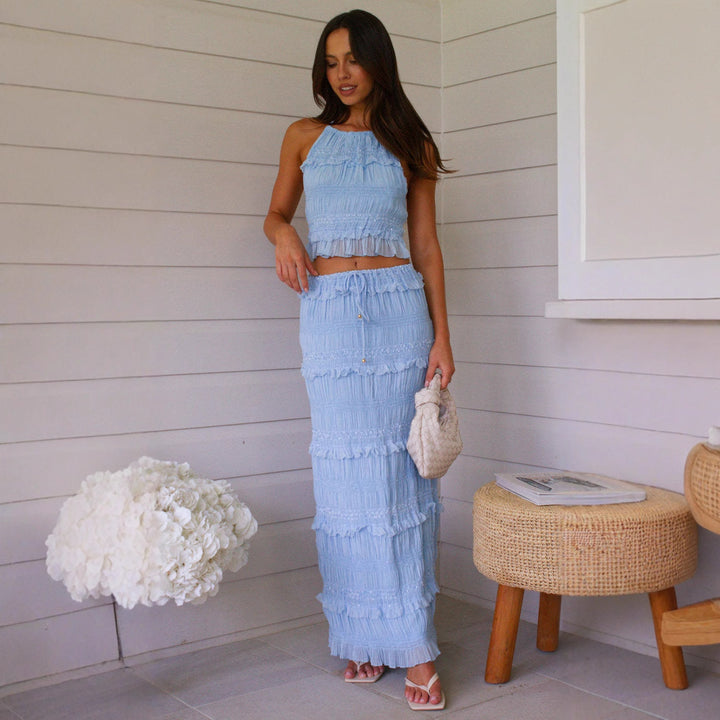 Women Two-Piece Set with Gathered Top and Maxi Skirt