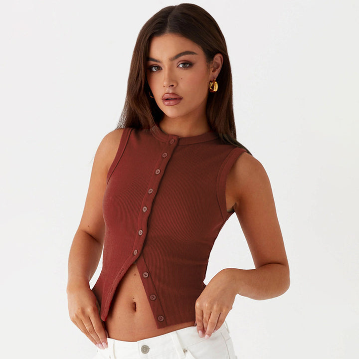 Women Casual Cozy Top with Button Closure and Round Neck Lune London