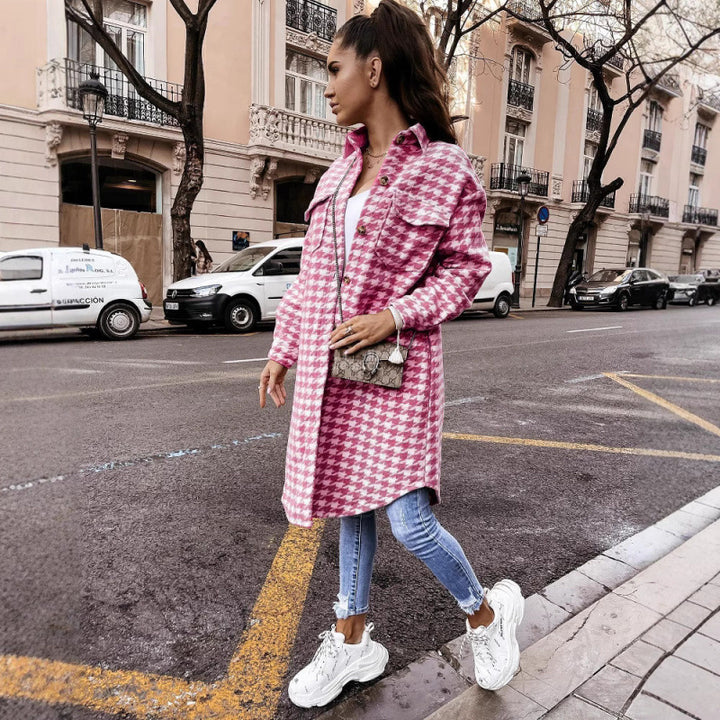 Women Oversized Houndstooth Print Shirt Jacket Lune London
