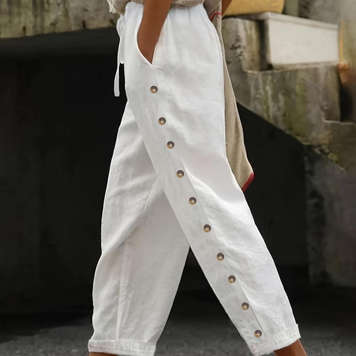 Lune London Women's trendy palazzo pants with button details and elastic waist