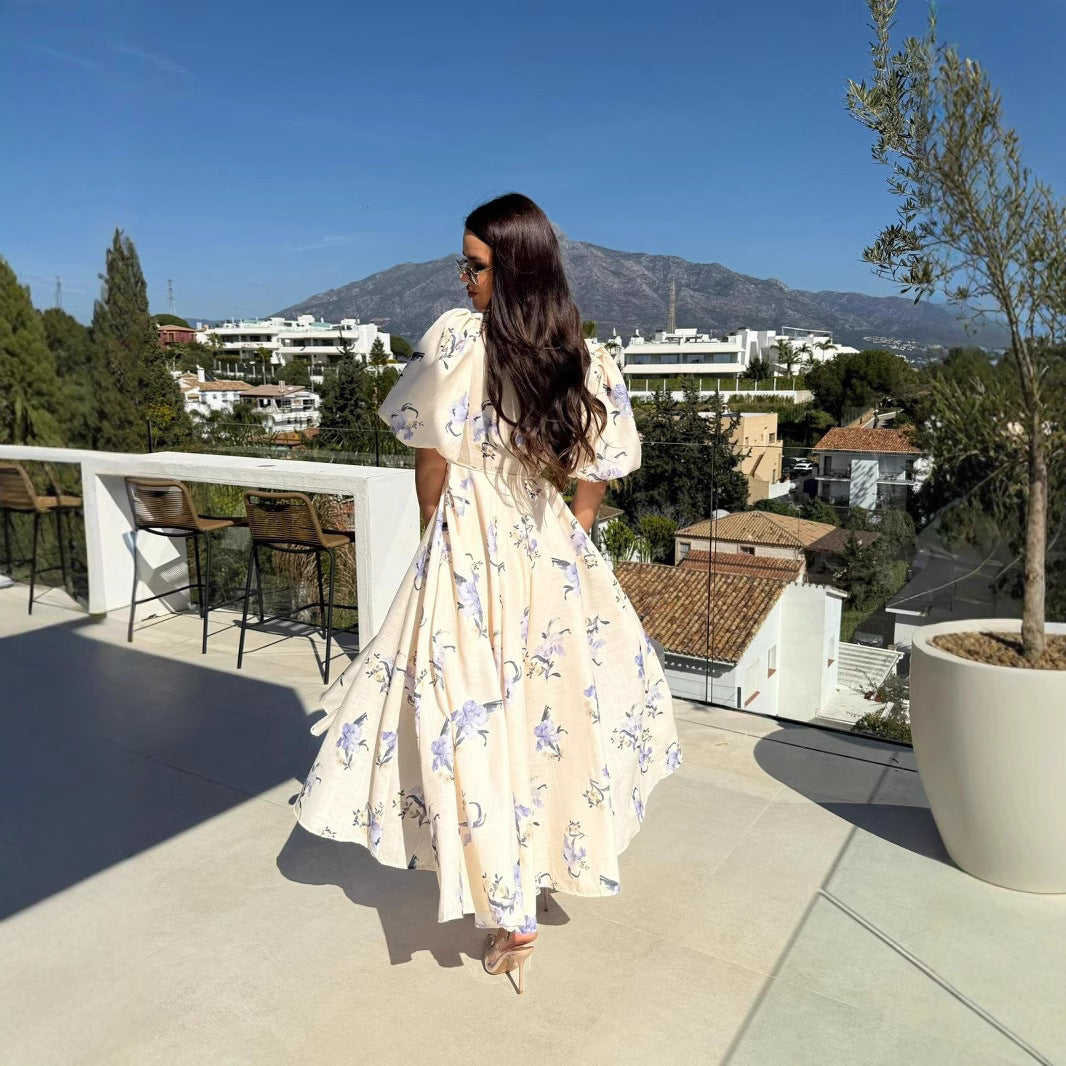 Maxi dress for women with floral patterns and puff sleeves Lune London