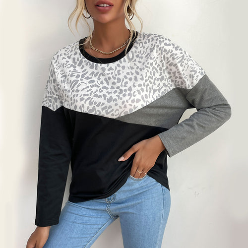 Chemise longue à manches longues pour femmes avec impression léopard créative et rayures en blocs Chic & Stil