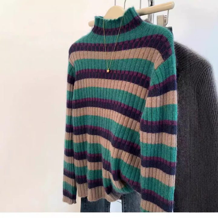 Ribbed knit sweater for women with high collar and trendy striped pattern Lune London