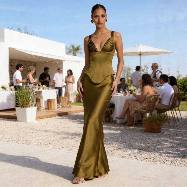 Women's Elegant Evening Dress with Figure-Shaping Design and Deep V-Neck